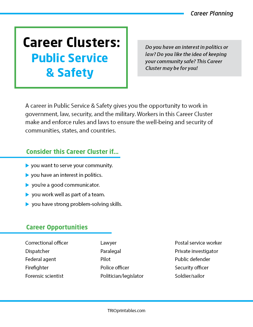 Career Clusters: Public Service & Safety Informational Sheet