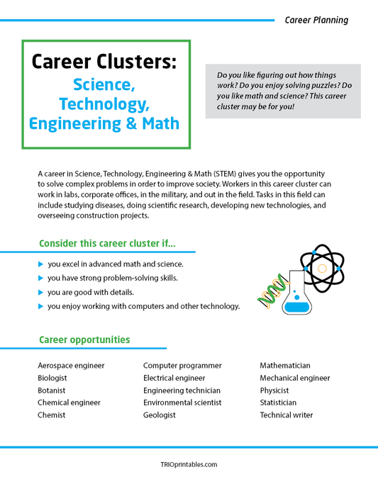 Career Clusters: Science, Technology, Engineering & Math Informational Sheet