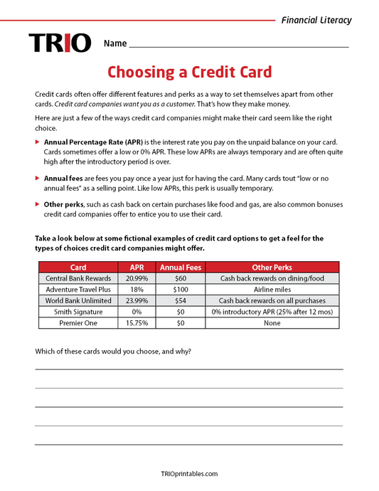 Choosing a Credit Card Activity Sheet
