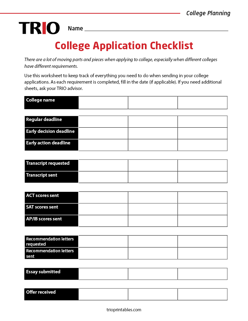 College Application Checklist Activity Sheet – TRIO Printables