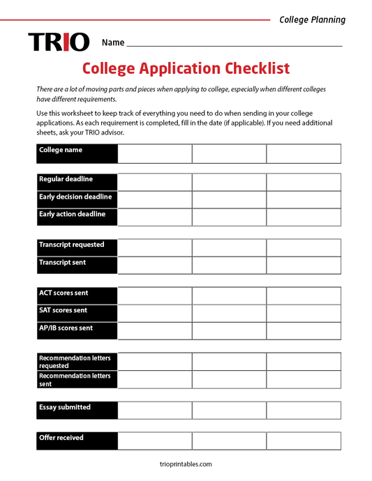 Applying to College – TRIO Printables