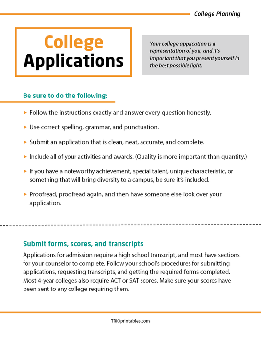 Applying to College – TRIO Printables