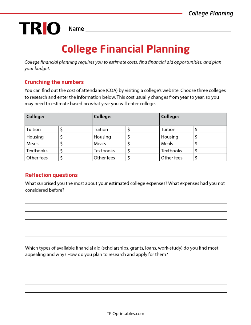 College Financial Planning Activity Sheet TRIO Printables college-financial-planning-activity-sheet-trio-printables