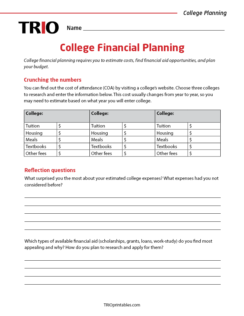 College Financial Planning Activity Sheet