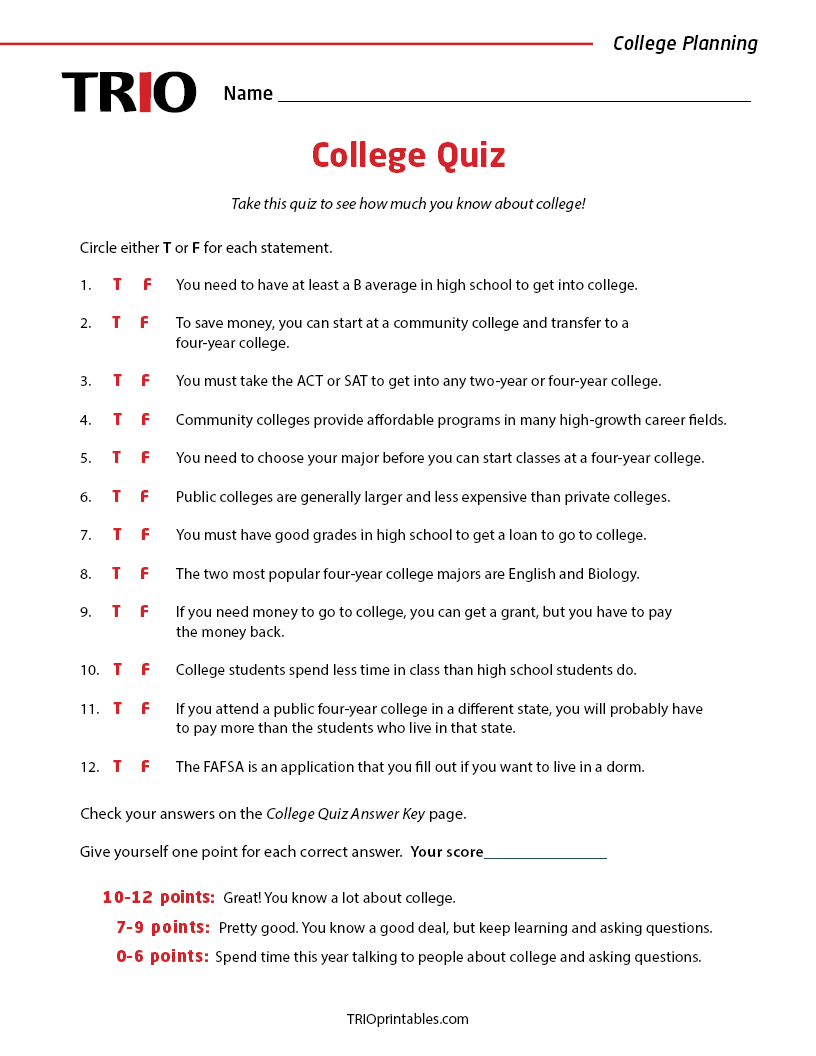 College Quiz Activity Sheet