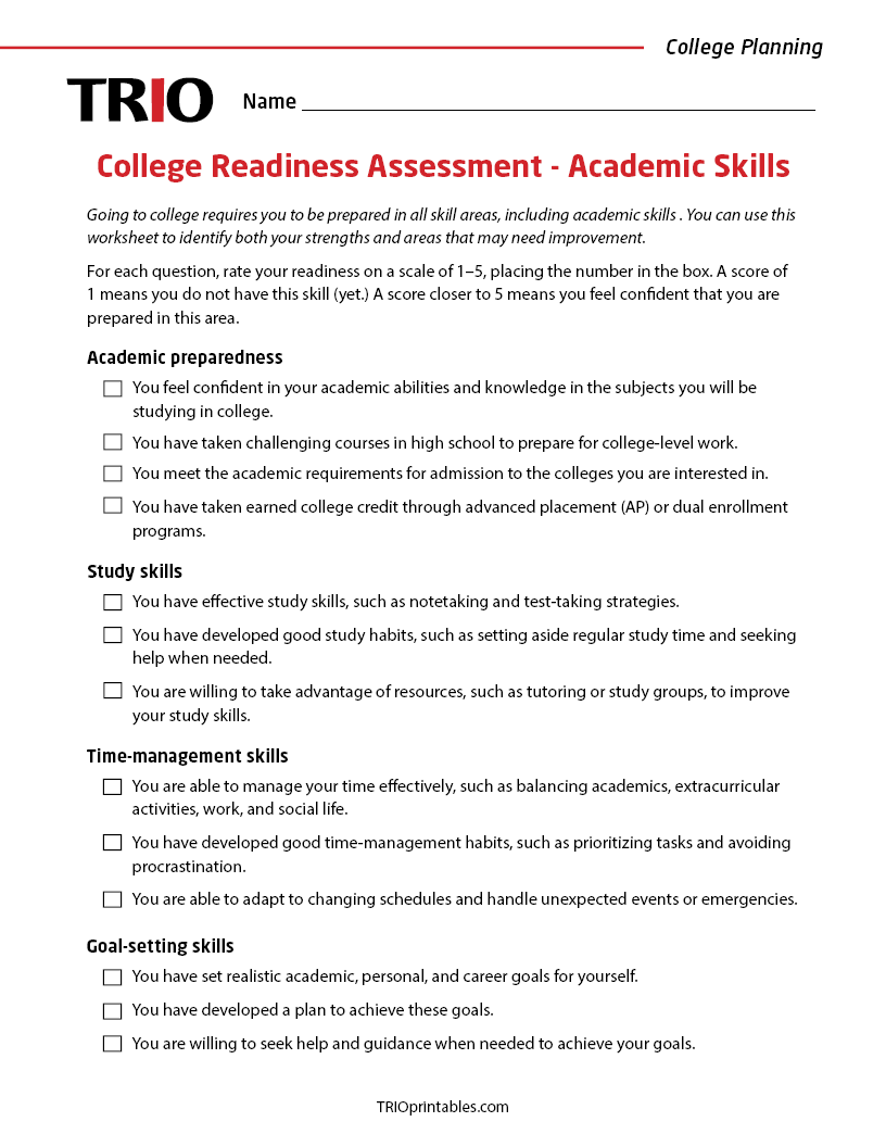 College Readiness Assessment - Academic Skills Activity Sheet
