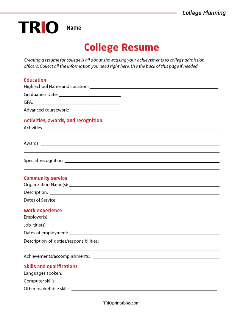 College Resume Activity Sheet – TRIO Printables