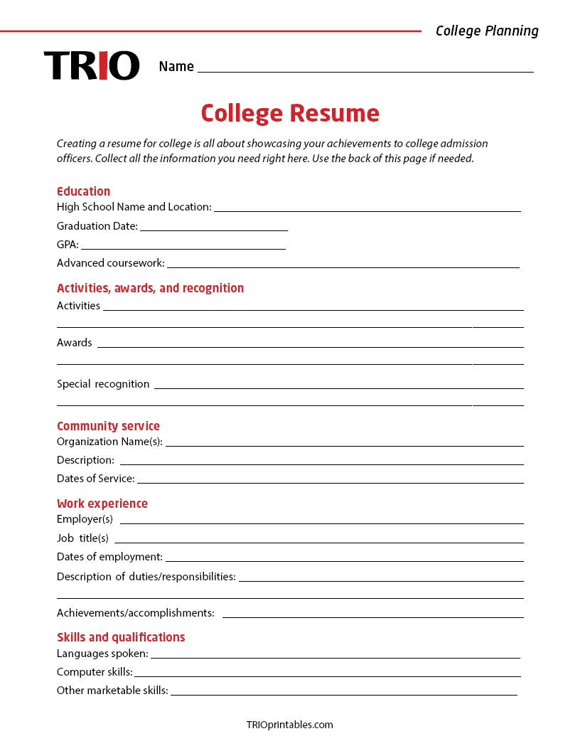 College Resume Activity Sheet