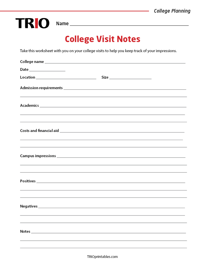College Visit Notes Activity Sheet TRIO Printables