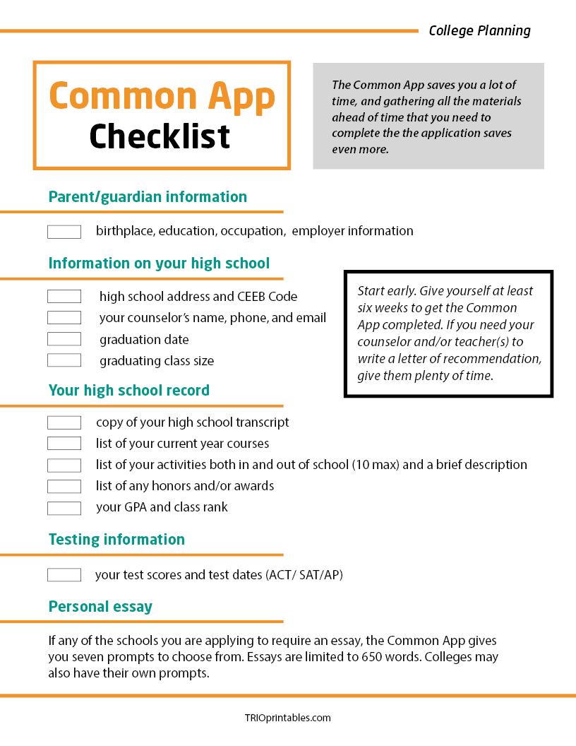 Common App Checklist Informational Sheet