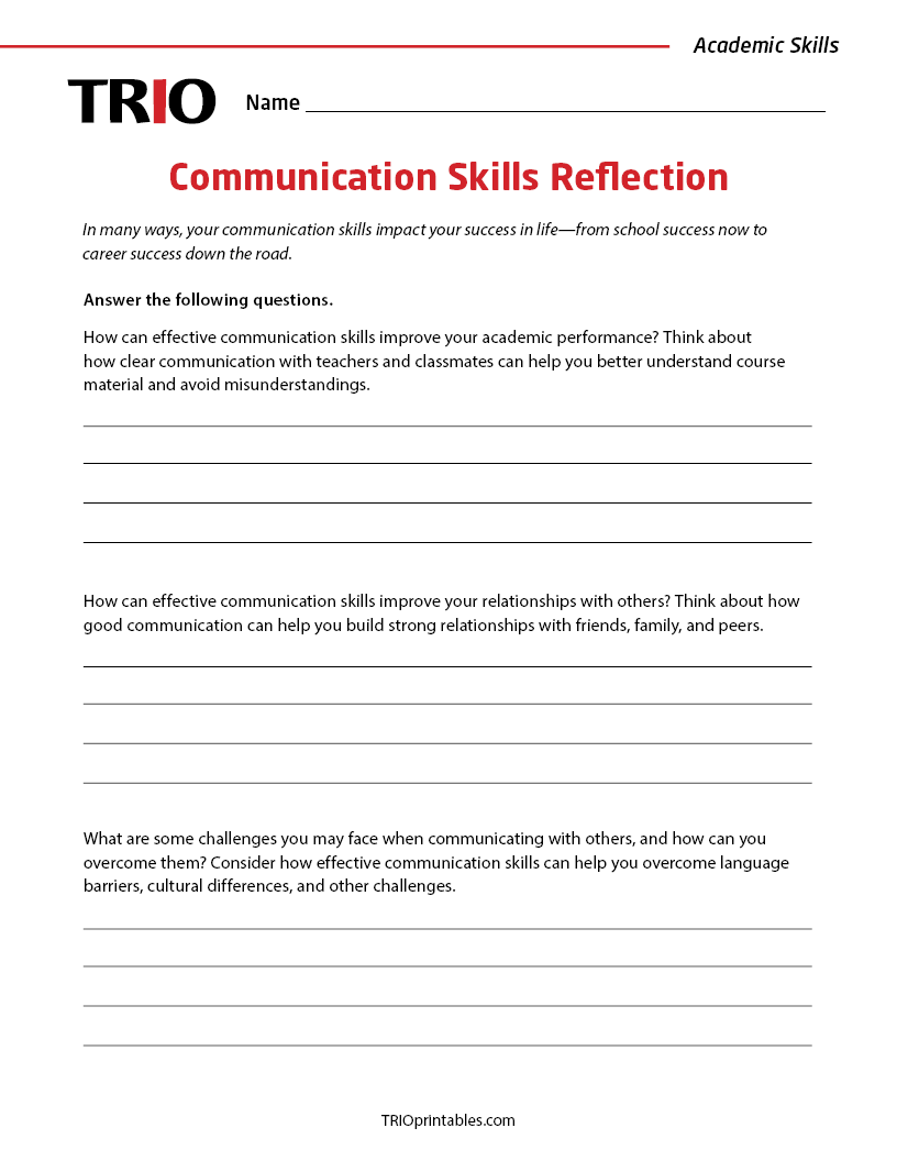 Communication Skills Reflection Activity Sheet