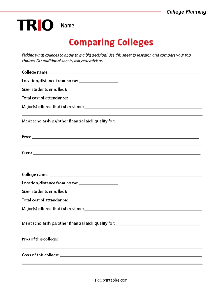 Comparing Colleges All Printables – Page 4 – TRIO Printables