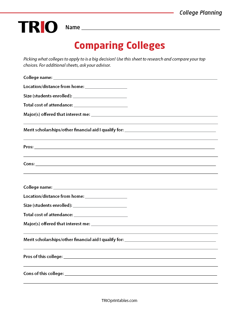 Comparing Colleges Activity Sheet