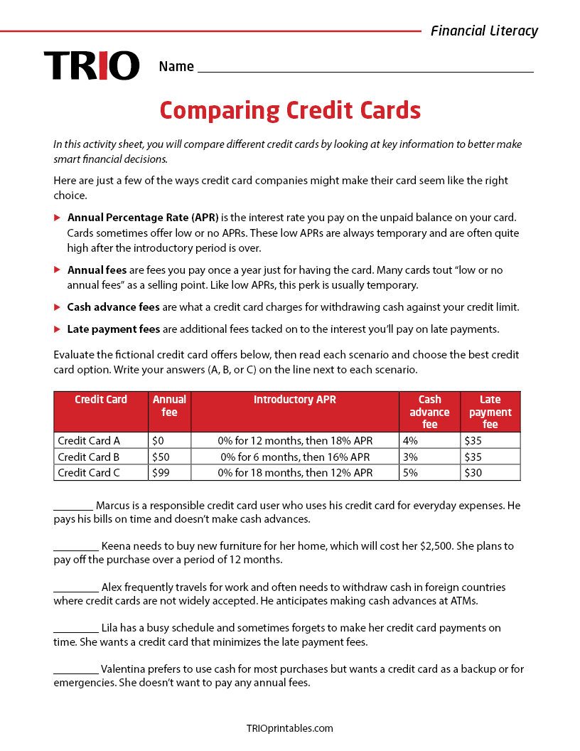 Comparing Credit Cards Activity Sheet