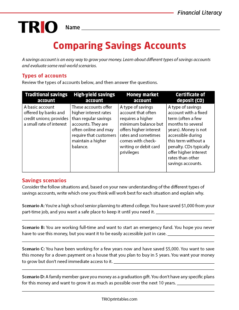 Comparing Savings Accounts Activity Sheet TRIO Printables comparing-savings-accounts-activity-sheet-trio-printables