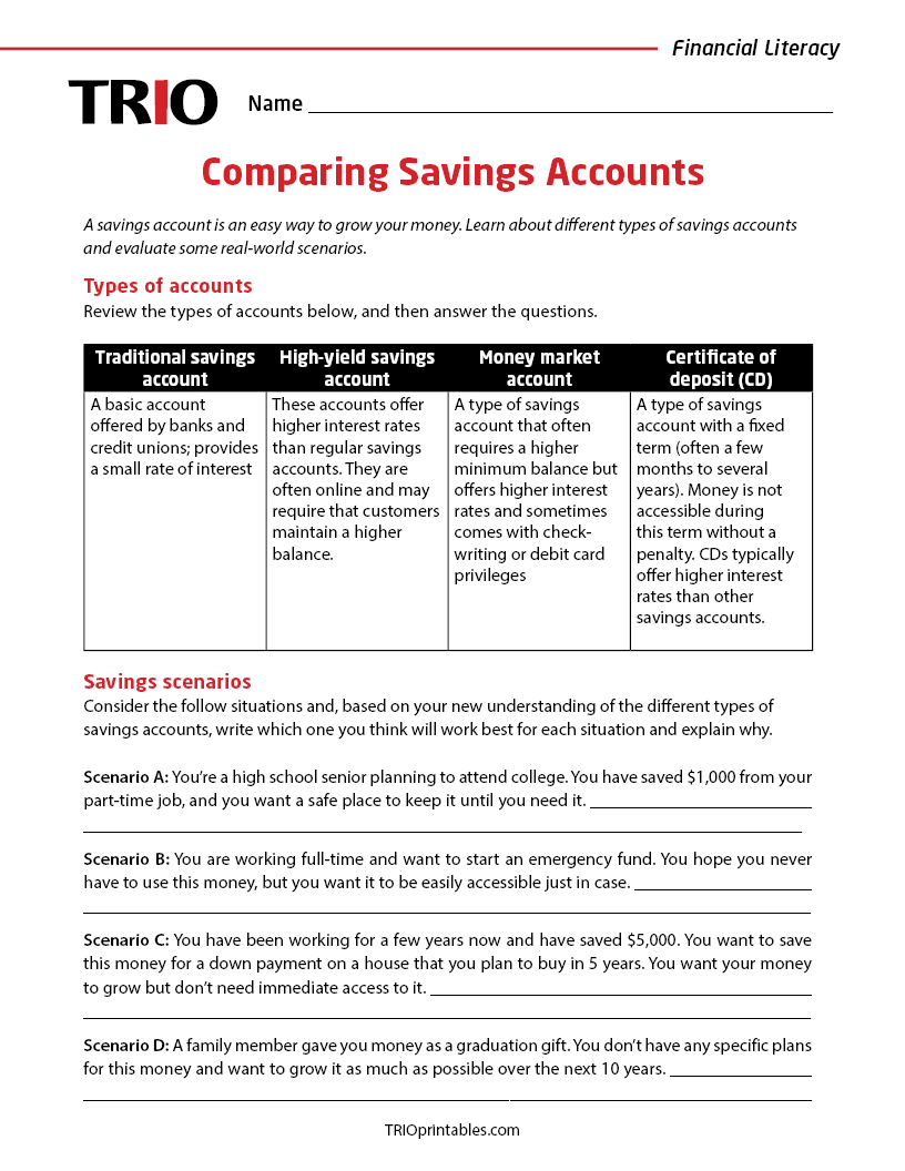 Comparing Savings Accounts Activity Sheet