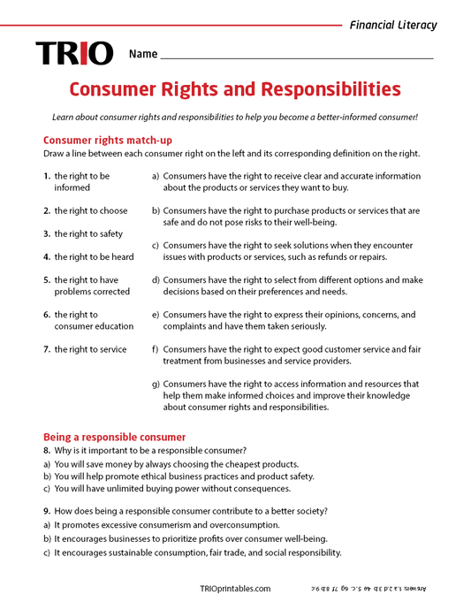 Consumer Rights and Responsibilities Activity Sheet
