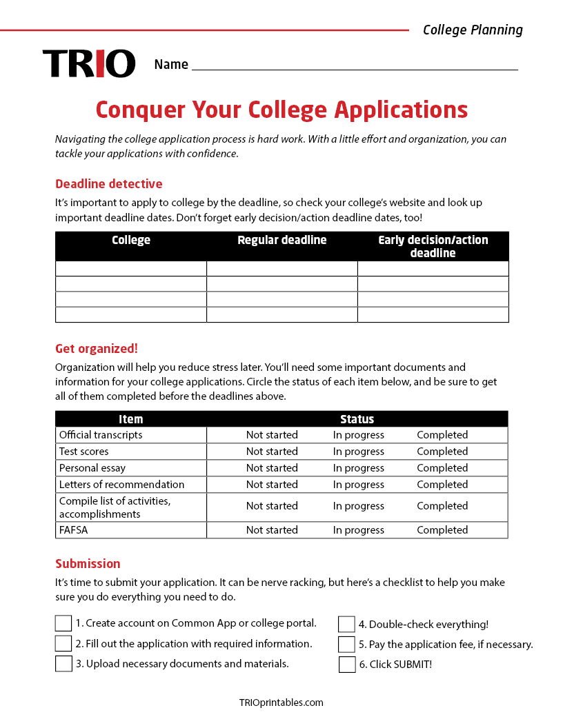 Conquer Your College Applications Activity Sheet TRIO Printables