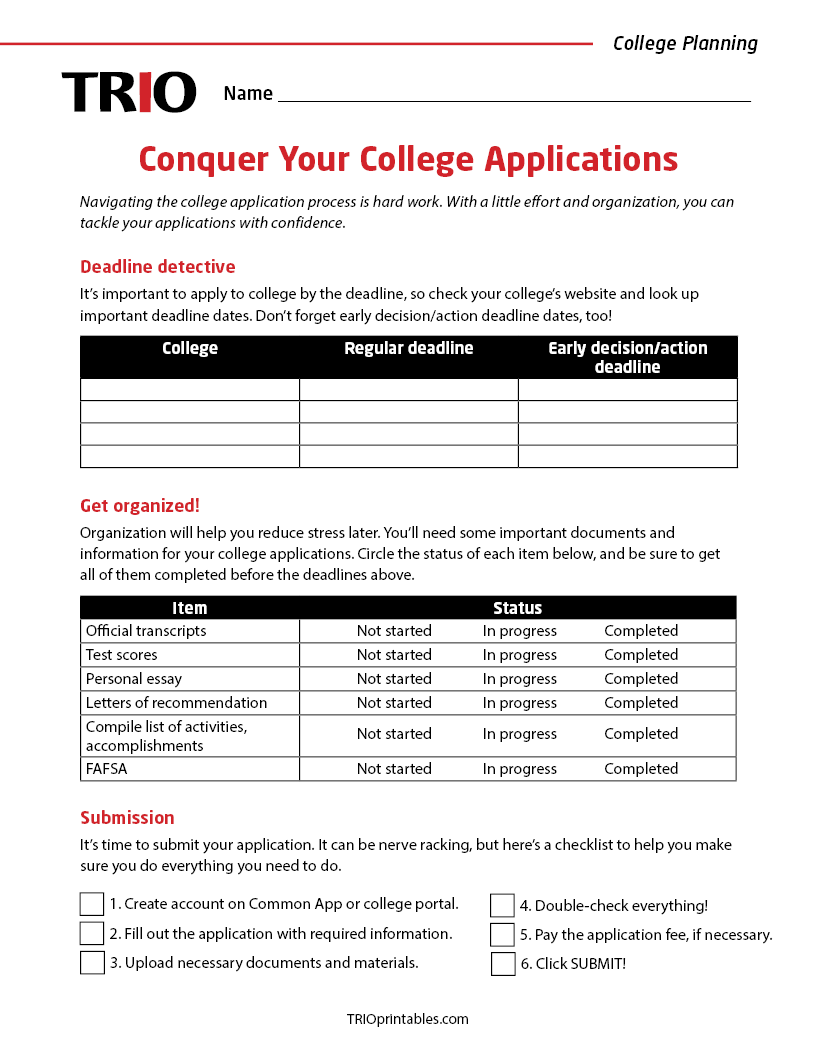 Conquer Your College Applications Activity Sheet