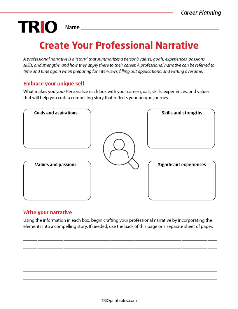 Create Your Professional Narrative Activity Sheet