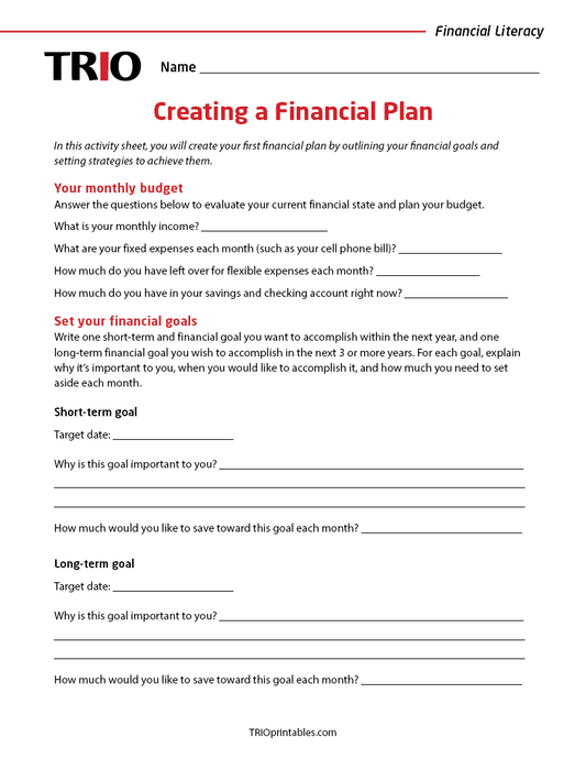 Creating a Financial Plan Activity Sheet