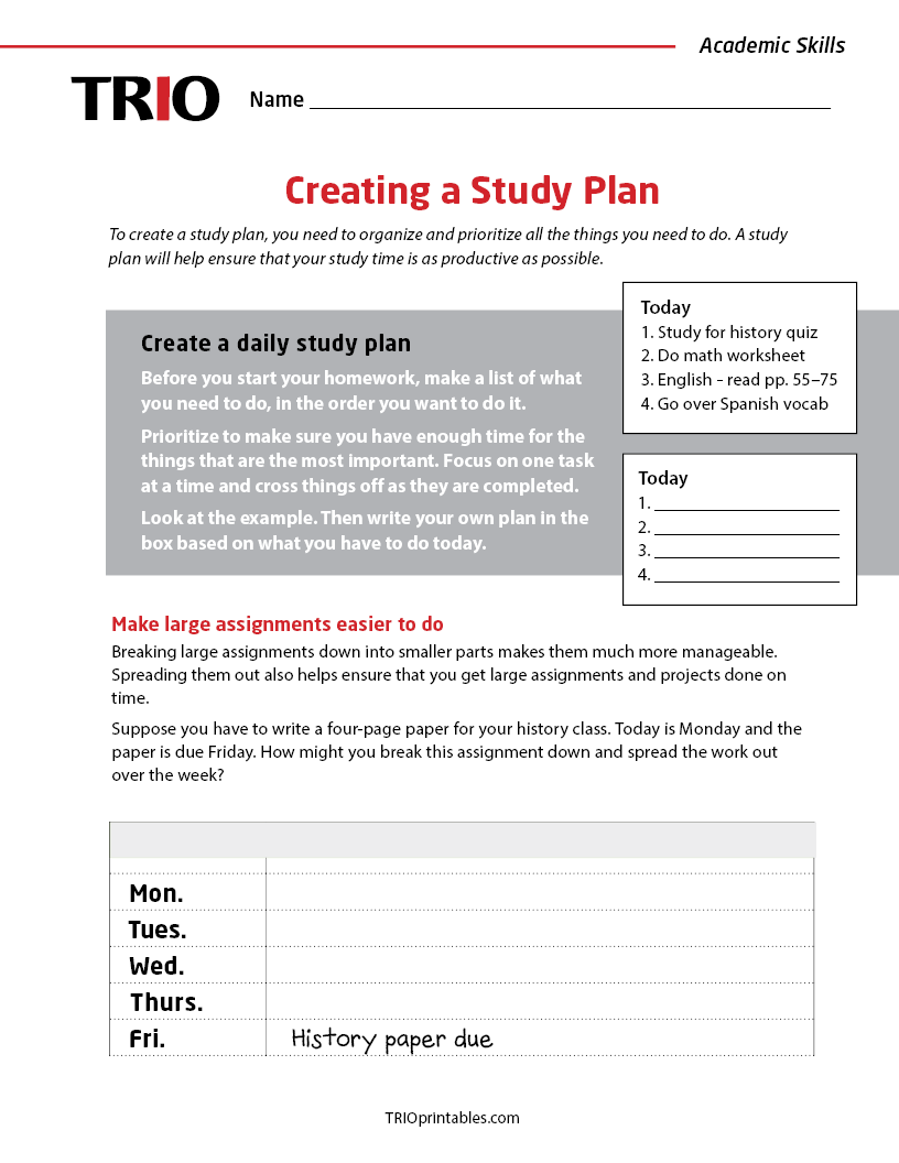 Create a Study Plan Activity Sheet