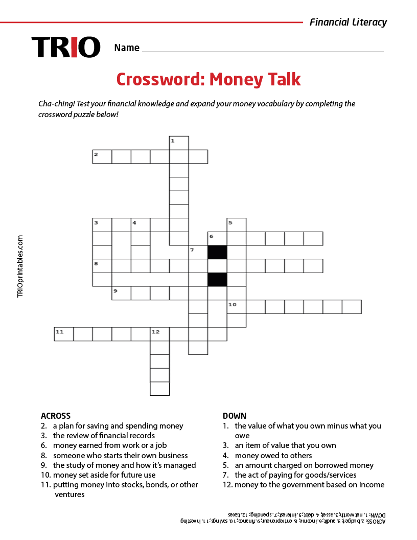 Crossword: Money Talk Activity Sheet