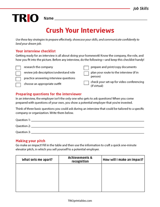 Crush Your Interviews Activity Sheet