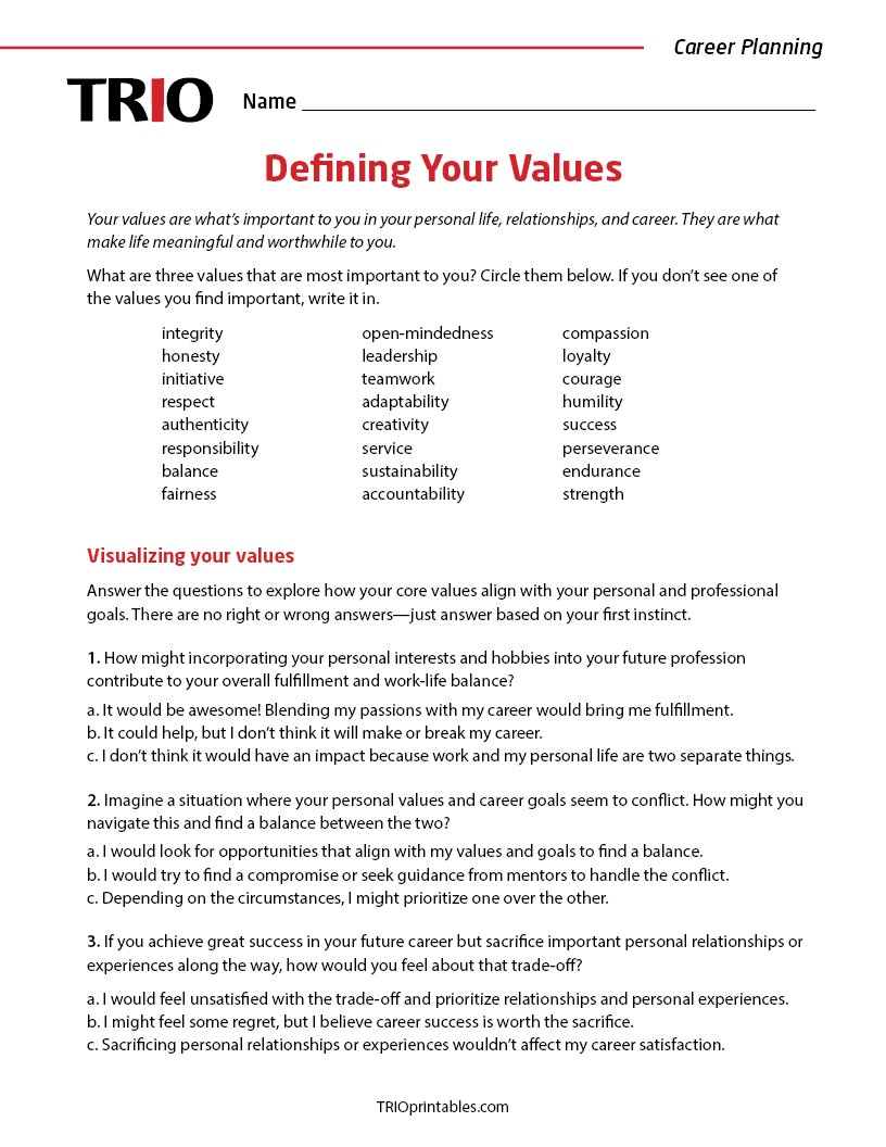 Defining Your Values Activity Sheet – TRIO Printables