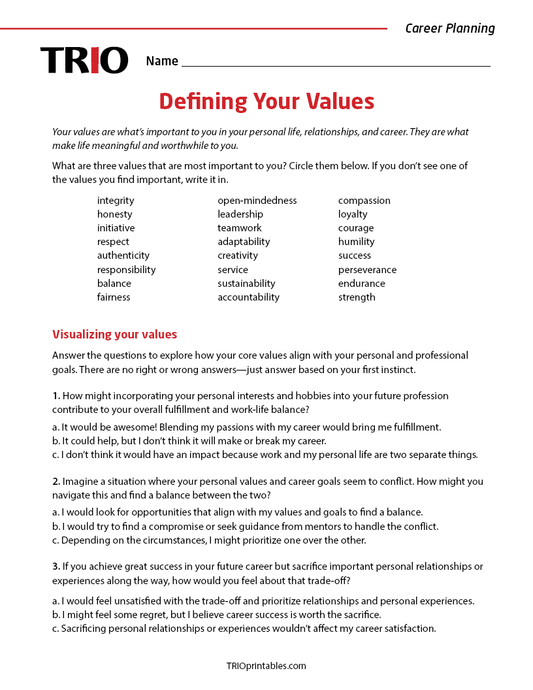 Defining Your Values Activity Sheet
