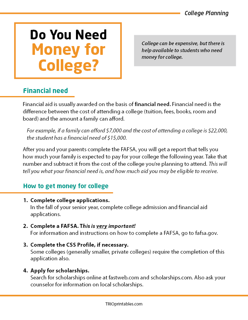 Do You Need Money for College? Informational Sheet