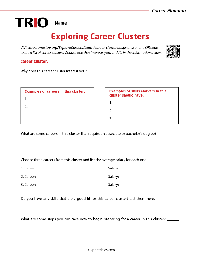 Exploring Career Clusters Activity Sheet