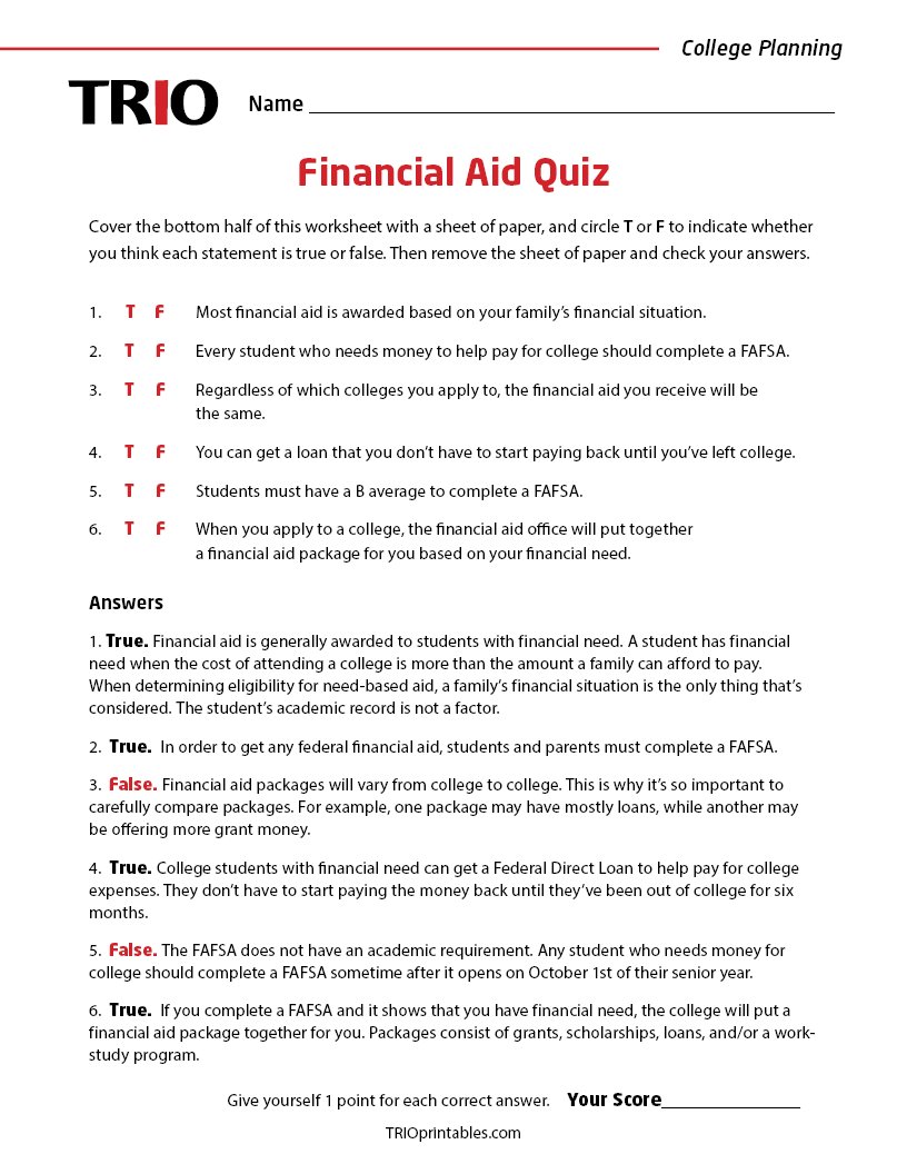 Financial Aid Quiz Activity Sheet – TRIO Printables