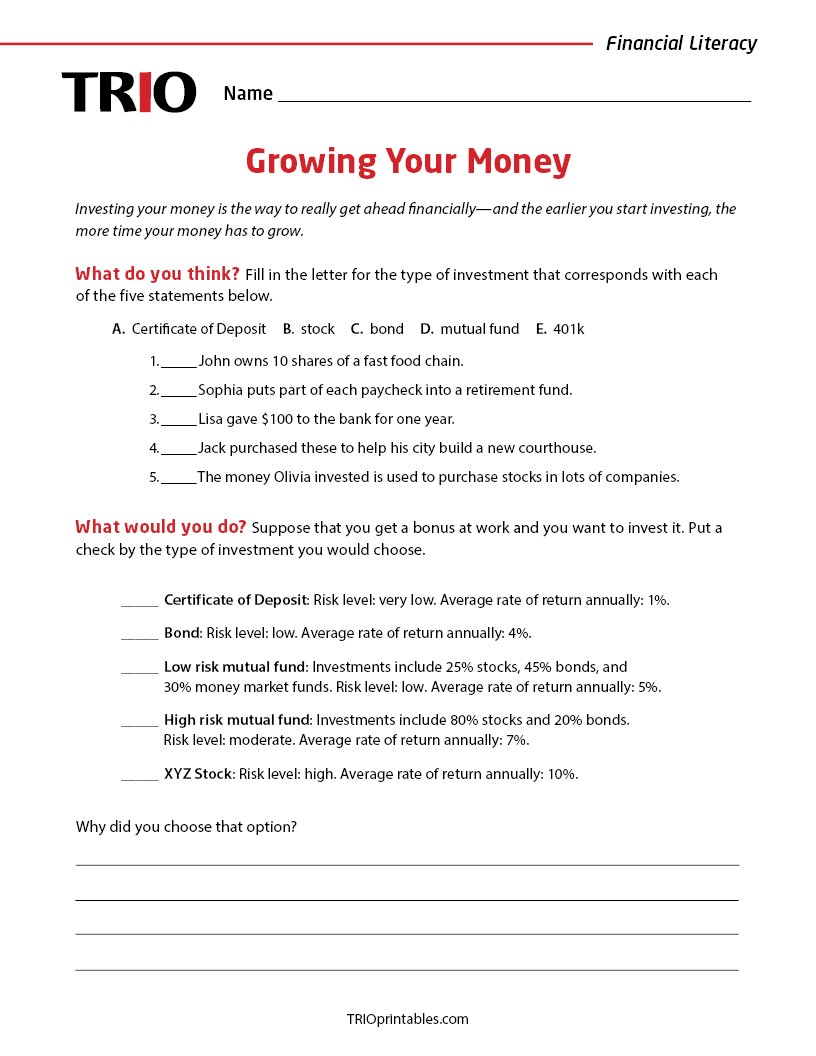 Growing Your Money Activity Sheet