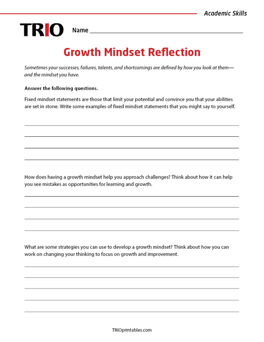 Growth Mindset Reflection Activity Sheet