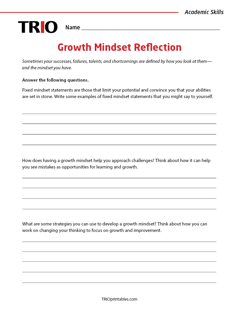 Growth Mindset Reflection Activity Sheet