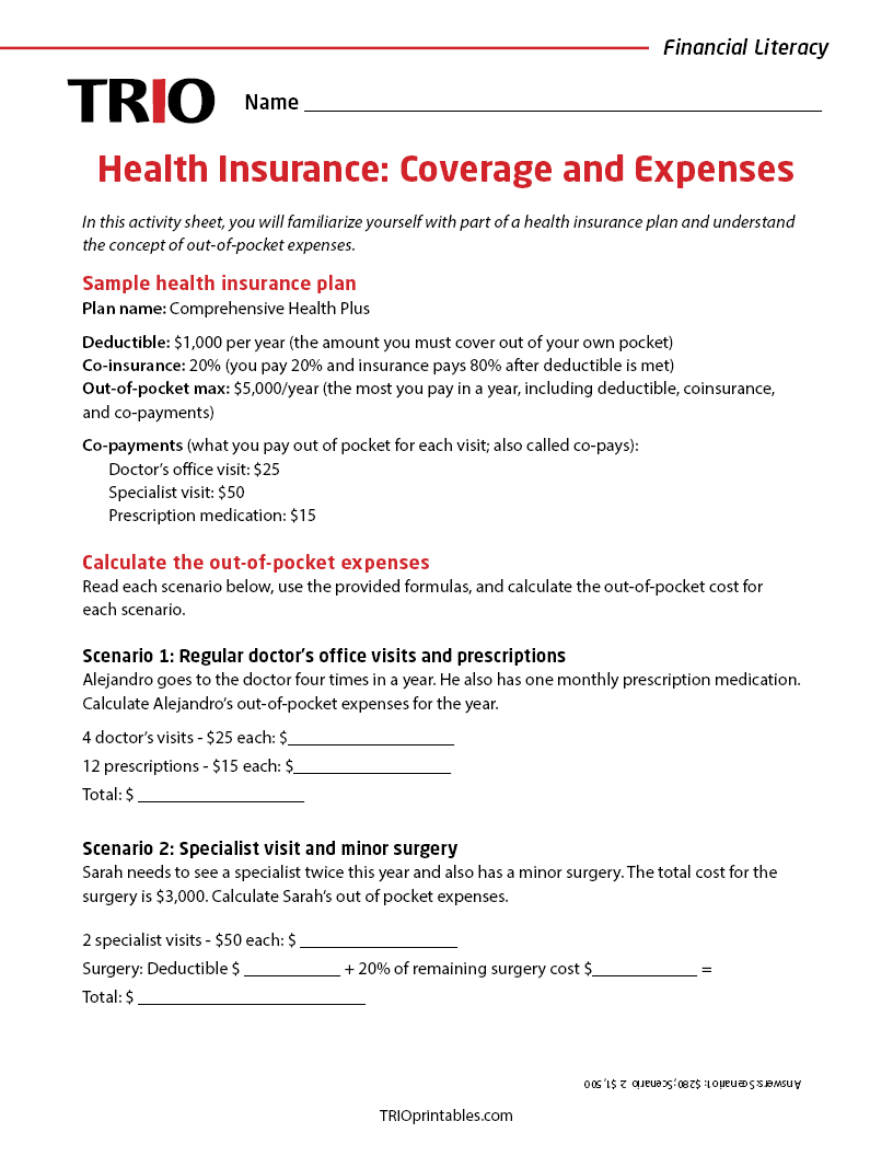 Health Insurance: Coverage and Expenses Activity Sheet – TRIO Printables