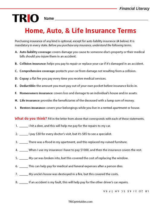 Home, Auto, & Life Insurance Terms Activity Sheet