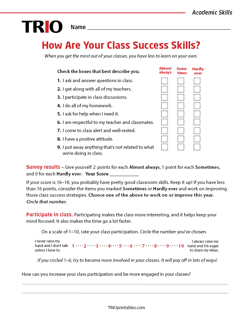 How Are Your Class Success Skills? Activity Sheet