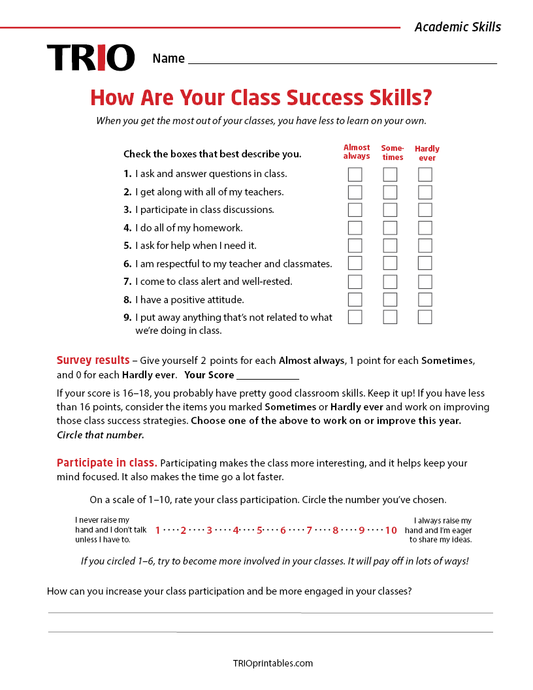 How Are Your Class Success Skills? Activity Sheet