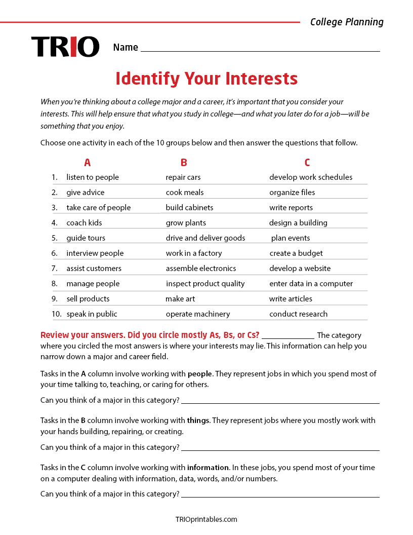 Identify Your Interests Activity Sheet