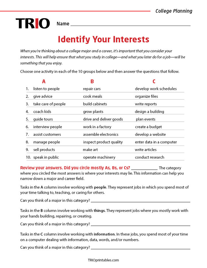 Interested Testing Program Learning About College – TRIO Printables