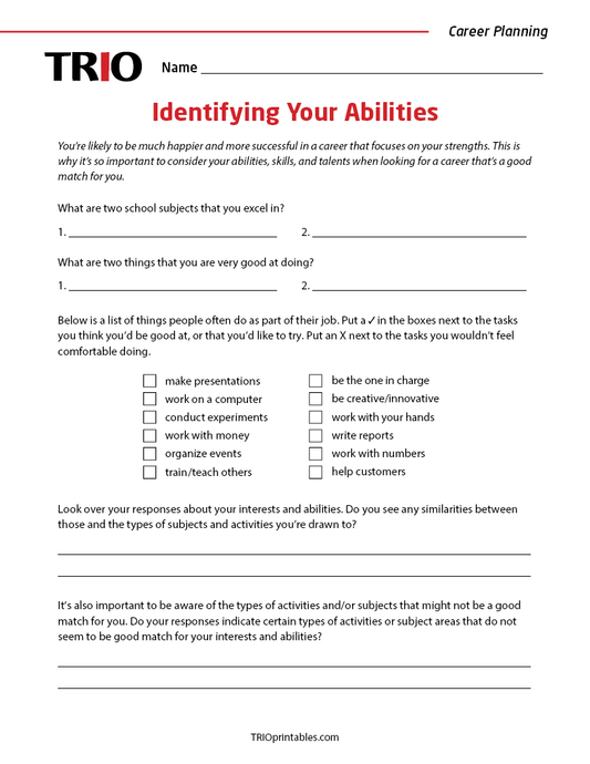 Identifying Your Abilities Activity Sheet
