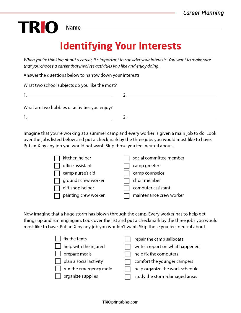 Identifying Your Interests Activity Sheet – TRIO Printables