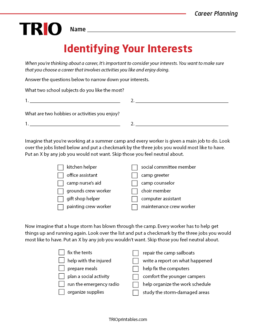 Identifying Your Interests Activity Sheet