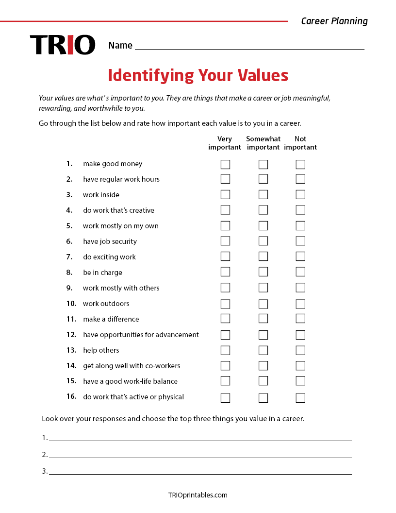 Identifying Your Values Activity Sheet – TRIO Printables
