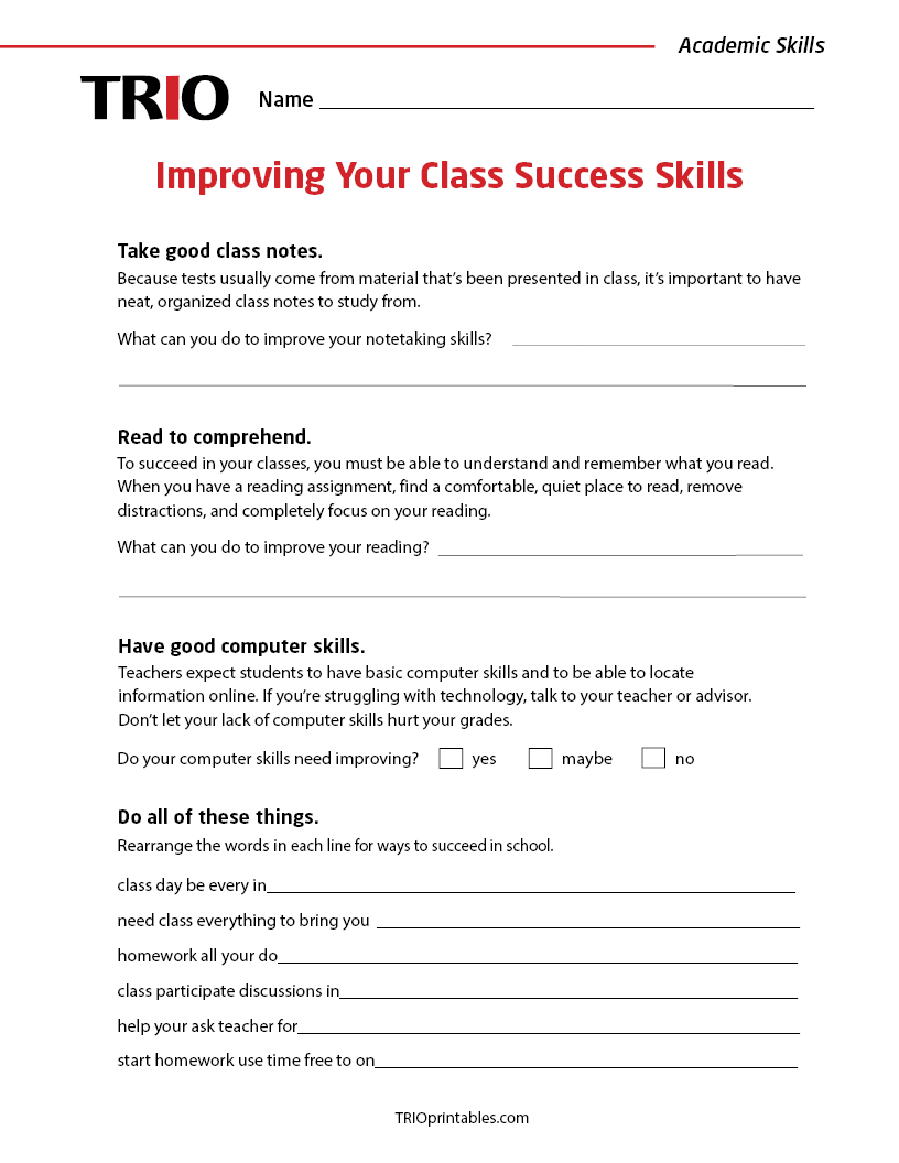 Improving Your Class Success Skills Activity Sheet – TRIO Printables