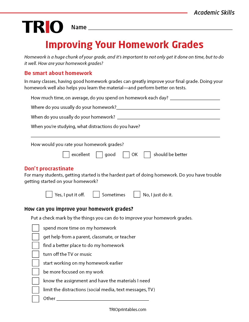 Improving Your Homework Grades Activity Sheet – TRIO Printables