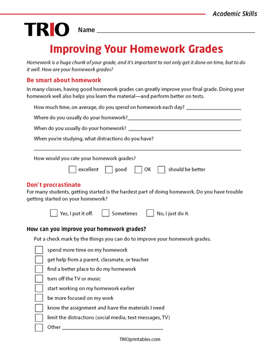 Improving Your Homework Grades Activity Sheet