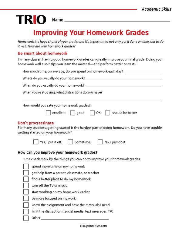 Grade Level Work Improving Your Homework Grades Activity Sheet – TRIO Printables